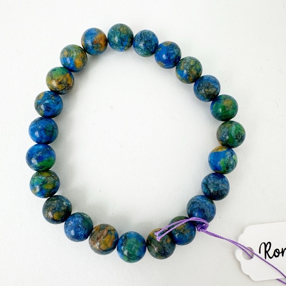 NWT Genuine Azurite Beaded Bracelet Men's Blue Green - Picture 1 of 2